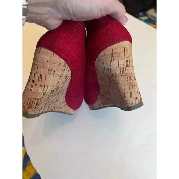 Aloha Island Red Canvas Peep Toe Cork Wedge Platform Summer Shoes Size 8 - Picture 4 of 6
